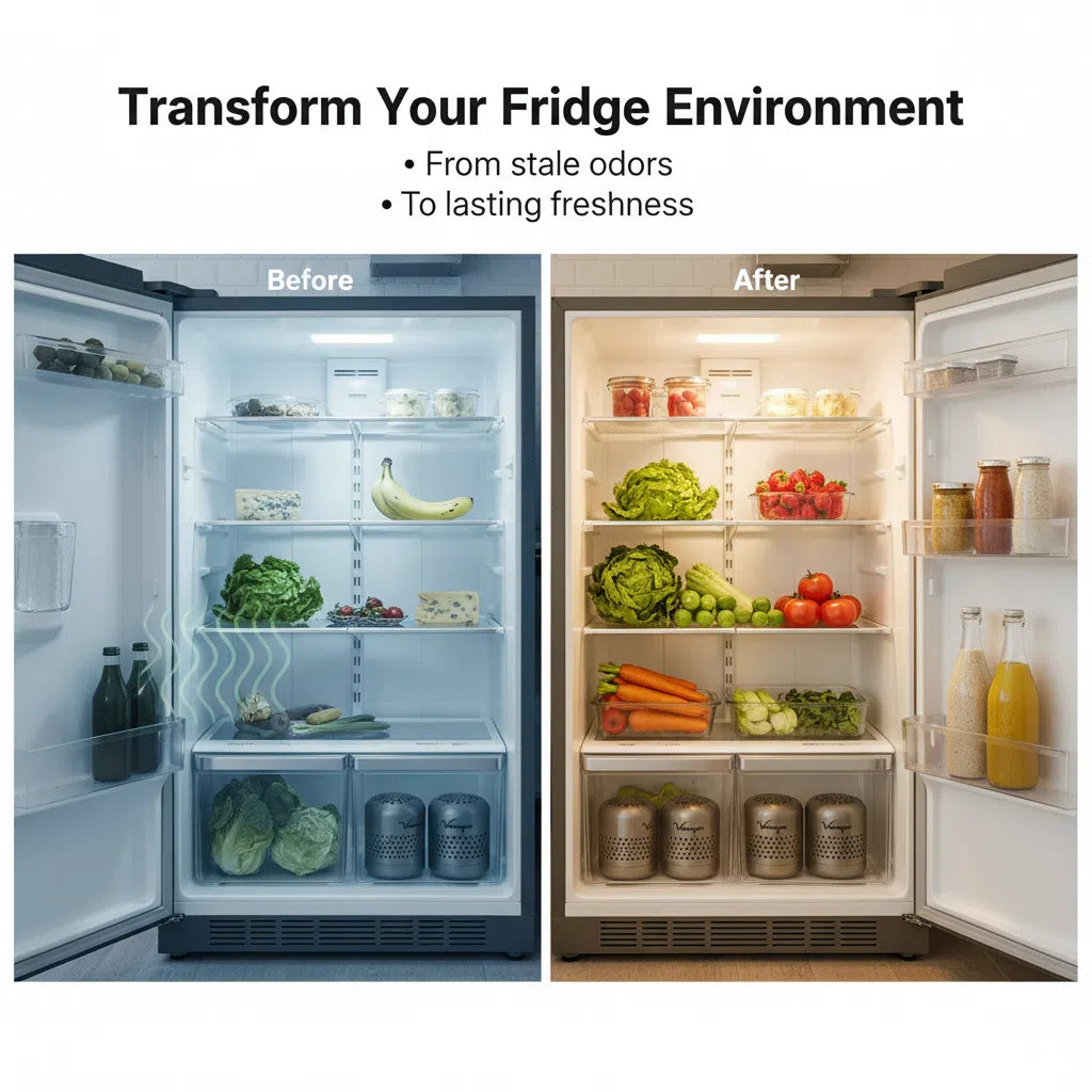 Véraque Refrigerator Deodorizer, Fridge Odor Eliminator with Advanced Cu-Ni Oxide Catalysis — Stronger Than Baking Soda & Charcoal Bags, Long-Lasting Freshness for Refrigerator, Freezer, Closet, Car & More